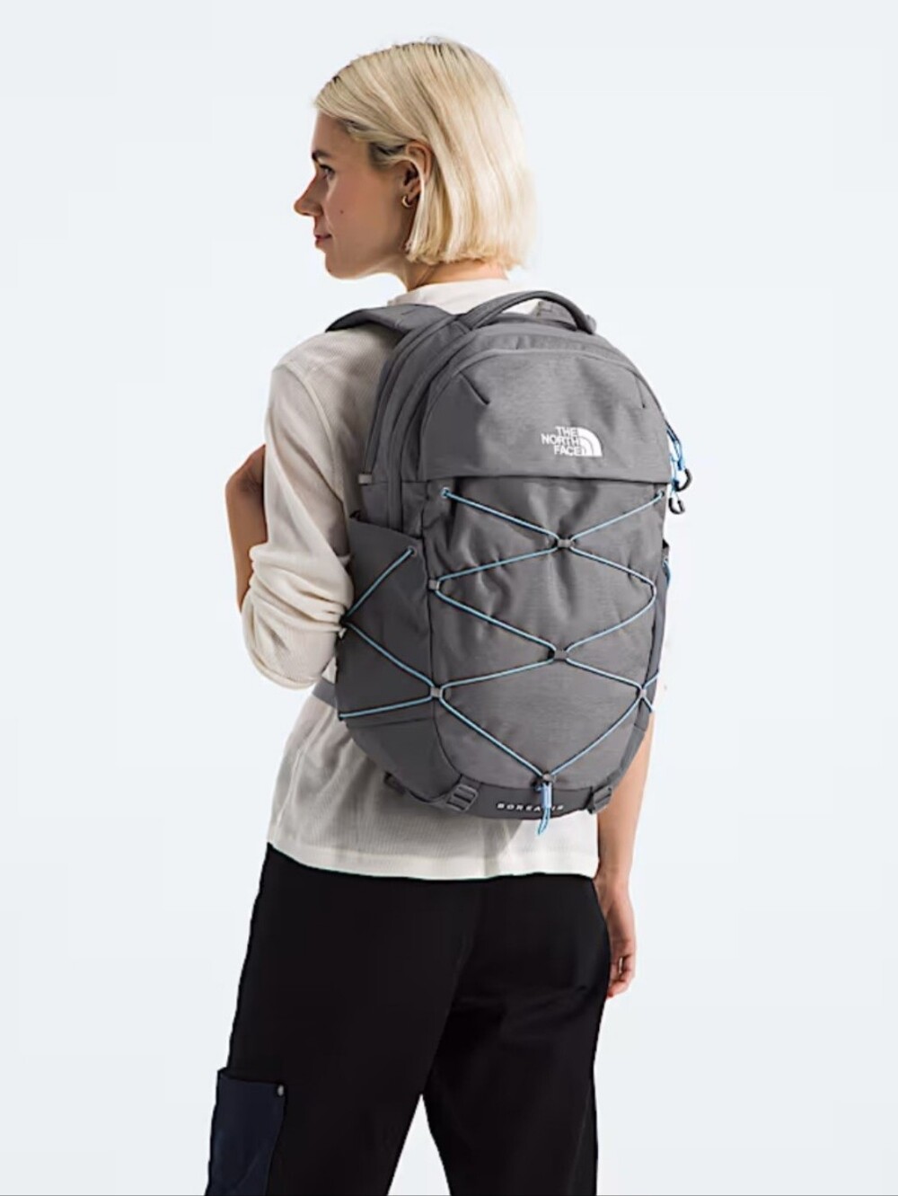 The North Face Borealis Charcoal Gray Backpack with Light Blue Bungee Womans